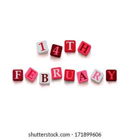 Words "14th february" with colorful blocks isolated on a white background. Description with bright cubes. Valentine's day card. Vector illustration EPS 10.