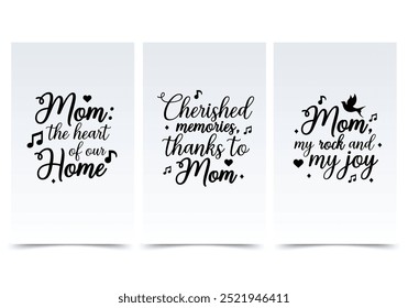 Words about mom concept in the flat cartoon design. Three white posters with black text with heartfelt messages for mom. Vector illustration.