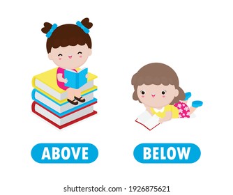 Words above and below with cartoon characters cute kids reading book, opposite word antonym for children Flat vector illustration isolated on white background