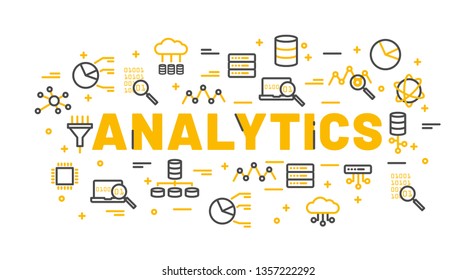 The words Analytics surrounded by icons of database, cloud computing, server, network icons. Vector background illustration.