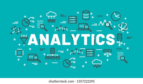 The words Analytics surrounded by icons of database, cloud computing, server, network icons. Vector background illustration.