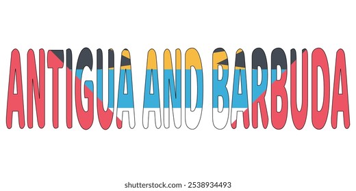 As palavras ANTÍGUA E BARBUDA são exibidas em letras grandes e em negrito. As letras são coloridas de vermelho, branco, azul e amarelo, incorporando as cores da bandeira de Antígua e Barbuda.