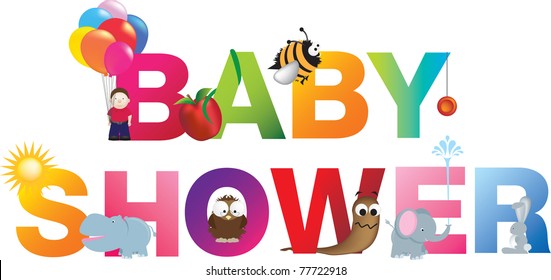 The words baby shower  made up from alphabet cartoon letters with matching animals and objects