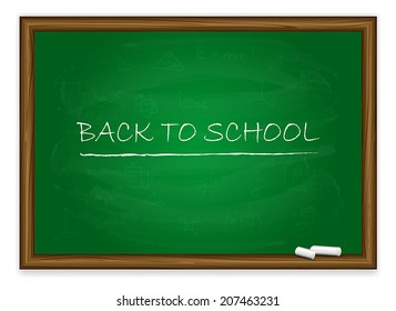 Words back to school written on a green chalkboard with chalk isolated on white background, illustration.