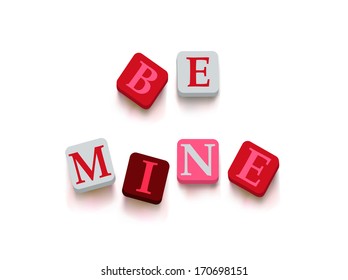 Words "be mine" with colorful blocks isolated on a white background. Description with bright cubes. Valentine's day card. Vector illustration EPS 10.