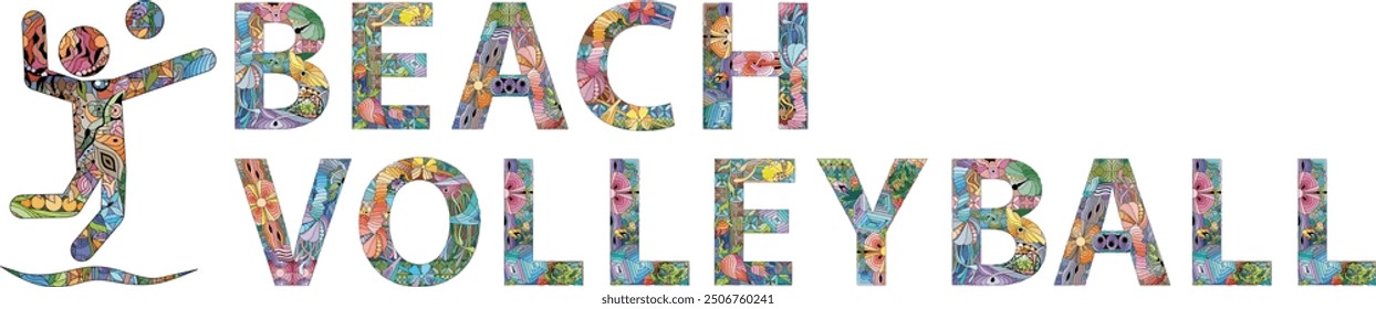 Words BEACH VOLLEYBALL with icon in the style of abstract hand drawing. Letters with ornament