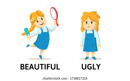 Words BEAUTIFUL and UGLY flashcard with text cartoon characters. Opposite adjectives explanation card. Flat vector illustration, isolated on white background.