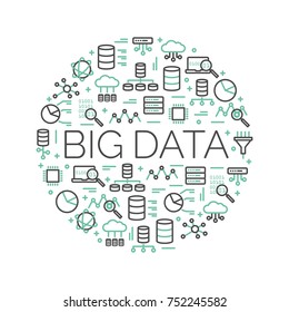The words Big Data surrounded by icons of database, cloud computing, server, networkâ?¦ Vector background illustration.