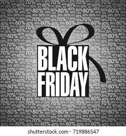 The words Black Friday form a gift package.
A black and white typographic illustration on a background of numbers with percentages of reduction.