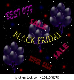 words black friday, sale, and balloons on black background