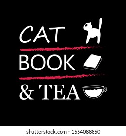 the words "cat book & tea" with illustrations. design for hobbies. lifestyle stickers.