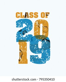 The words Class of 2019 concept printed in letterpress hand stamped colorful grunge paint and ink. Vector EPS 10 available.