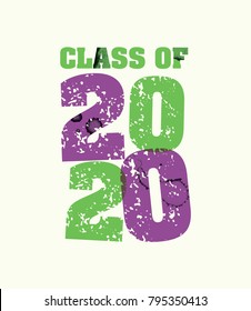 The words Class of 2020 concept printed in letterpress hand stamped colorful grunge paint and ink. Vector EPS 10 available.