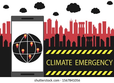 The words Climate Emergency against a gloomy city. Environmental pollution, problems with air, water. Vector flat illustration on a white background.