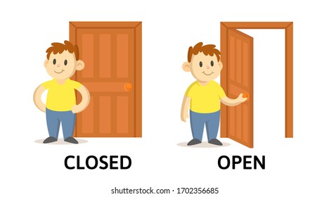 Words closed and open textcard with cartoon characters. Opposite adjectives explanation card. Flat vector illustration, isolated on white background.