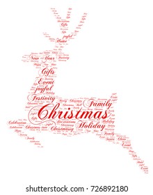 Words cloud, Christmas concept made with reindeer shape and tags on white background.