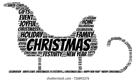 Words cloud, Christmas concept made with sled shape and tags on white background.