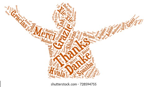 Words cloud, concept of thanks made with hugd shape and tags on white background. 
