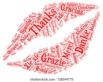 Words cloud, concept of thanks made with kiss shape and tags on white background. 