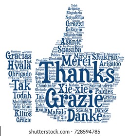 Words cloud, concept of thanks made with thumb up shape and tags on white background. 