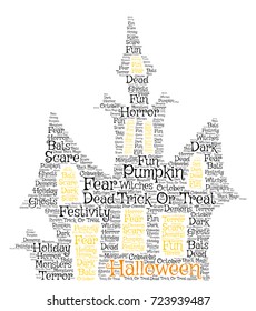 Words cloud, Halloween concept made with castle shape and tags on white background.