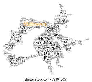 Words cloud, Halloween concept made with witch shape and tags on white background.