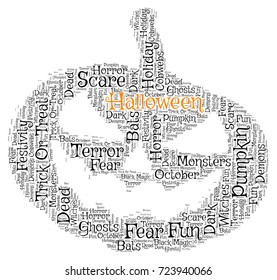 Words cloud, Halloween concept made with pumpkin shape and tags on white background.
