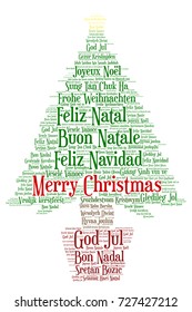 Words cloud, Merry Christmas in all languages of the world made with christmas tree shape and tags.