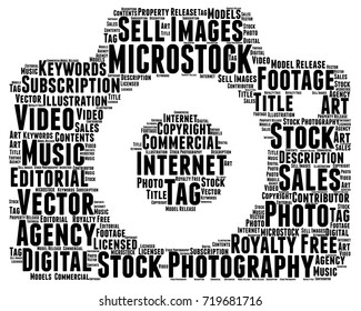 Words cloud, Microstock concept made with camera shape and tags on white background.
