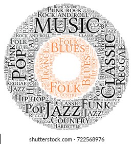 Words cloud, Music concept made with disk shape and tags on white background.