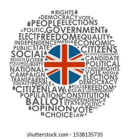 Words cloud relative for voting. Circle frame. Flag of the United Kingdom