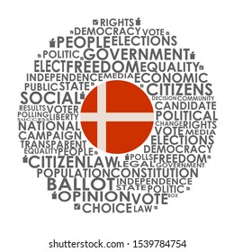 Words cloud relative for voting. Circle frame. Flag of the Denmark