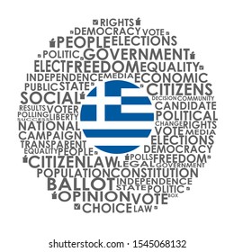 Words cloud relative for voting. Circle frame. Flag of the Greece