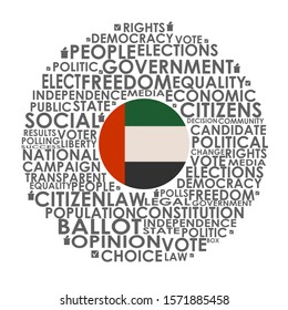 Words cloud relative for voting. Circle frame. Flag of the United Arab Emirates