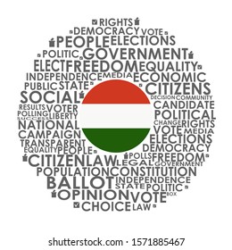 Words cloud relative for voting. Circle frame. Flag of the Hungary