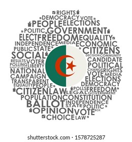 Words cloud relative for voting. Circle frame. Flag of the Algeria