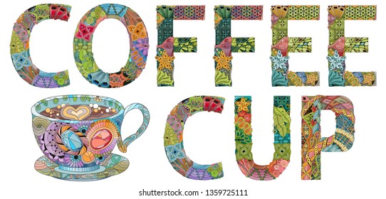 Words COFFEE CUP with cup silhouette. Vector decorative zentangle object for decoration