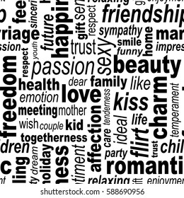 Words collage seamless background. Woman's important feelings, wishes and thoughts theme. Black and white colors. Vector illustration.
