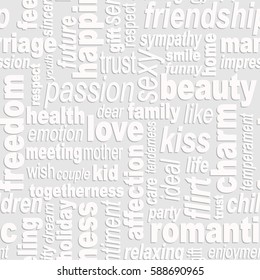 Words collage seamless background. Woman's important feelings, wishes and thoughts theme. Grey colors. Vector illustration.