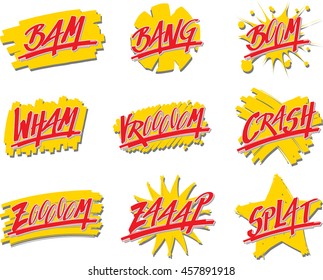 words in a comic language handwritten in front of a brush stroke