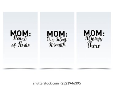 Words of congratulations about mom concept in the flat cartoon design. Motherhood posters with quotes written in bold black text on a white background expressing appreciation. Vector illustration.