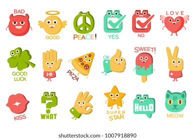 Words And Corresponding Illustrations, Cartoon Character Objects With Eyes Illustrating The Text Emoji Set