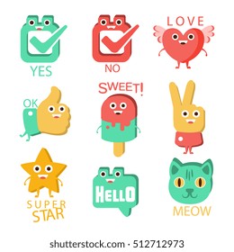 Words And Corresponding Illustrations, Cartoon Character Items With Eyes Illustrating The Text Emoji Set.