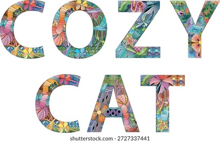 Palabras COZY CAT. Objeto decorativo del zentangle del Vector para cualquier propósito