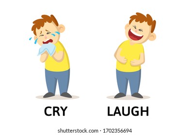 Words cry and laugh textcard with cartoon characters. Opposite adjectives explanation card. Flat vector illustration, isolated on white background.