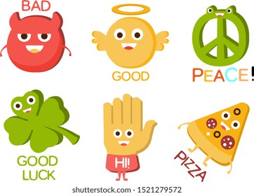 Words and Cute Cartoon Characters with Funny Faces, Bad, Good, Peace, Luck, Hi, Pizza Vector Illustration
