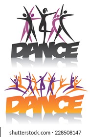 Words Dance with dance group. Word dance with silhouettes of dancers. Vector illustration. 