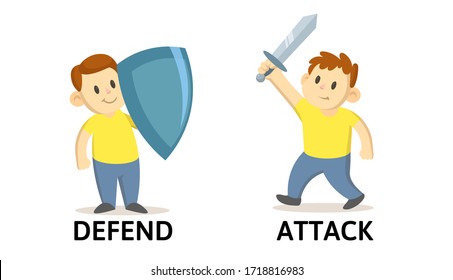 Words DEFEND and ATTACK flashcard with text cartoon characters. Opposite verbs explanation card. Flat vector illustration, isolated on white background.
