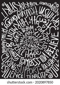 words doodle sketch in white in circle shape with black background 