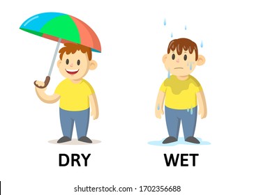 Words dry and wet textcard with cartoon characters. Opposite adjectives explanation card. Flat vector illustration, isolated on white background.